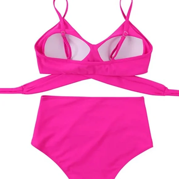 Barbie pink Women’s Criss cross  High Waisted 2 piece bathing suit - Picture 3 of 7